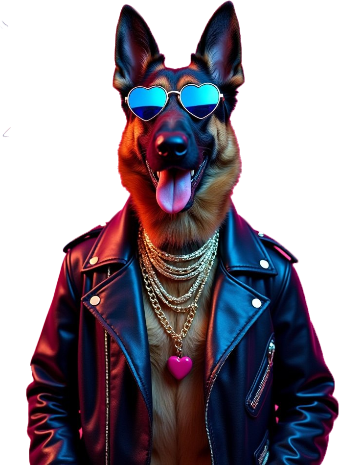 German Shepherd meme dog with crypto sunglasses